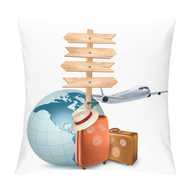 Personality  Two Travel Suitcases, A Plane, A Globe And A Direction Sign. Vec Pillow Covers