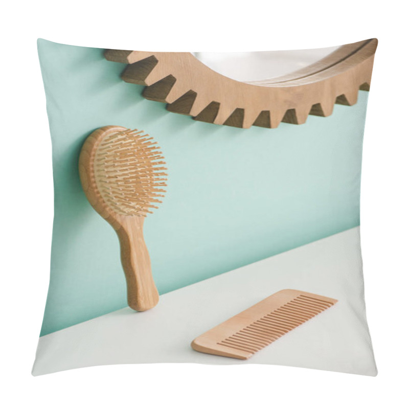 Personality  Hairbrush With Comb And Round Mirror On Turquoise Wall In Bathroom, Zero Waste Concept Pillow Covers