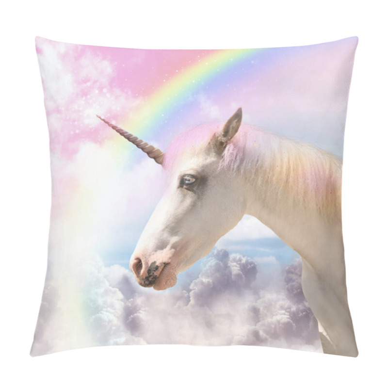 Personality  Magic Unicorn In Beautiful Sky With Rainbow And Fluffy Clouds. Fantasy World Pillow Covers