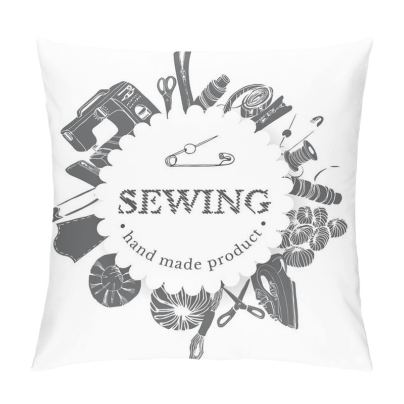 Personality  Circle Composition With Inverted  Items For Sewing. Hand Drawn Monochrome Sketch Of Different Elements Isolated On White Background. Pillow Covers