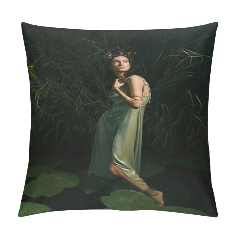 Personality  A Woman Wearing A Green Dress Poses Near A Swamp At Dusk. Pillow Covers