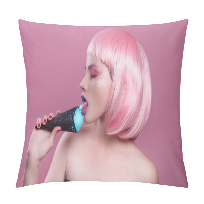 Personality  Attractive Young Woman With Pink Bob Cut And Purple Lips Eating Blue Ice Cream On Pink Background Pillow Covers