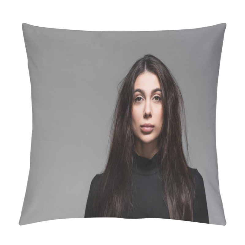 Personality  Young Woman In Black Turtleneck With Tousled Hair Isolated On Grey  Pillow Covers