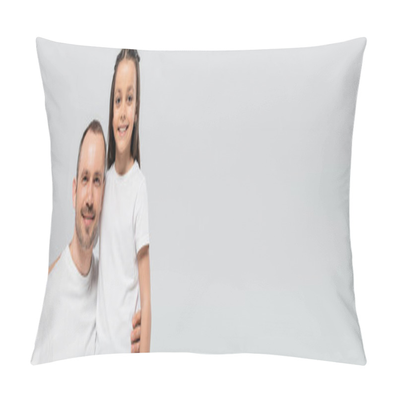 Personality  Unshaved And Cheerful Father With Bristle Hugging Happy Preteen Daughter With Long Brunette Hair While Posing In White T-shirts And Looking At Camera On Grey Background, Child`s Protection Day, Banner Pillow Covers