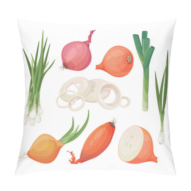 Personality  Onion, Shallot, Leek Vector Icon Set. Cartoon Drawings Of Raw Vegetables, Isolated Graphic Elements For Packaging, Menu. Pillow Covers