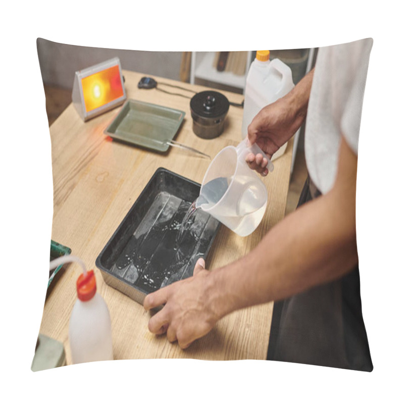 Personality  Cropped Photo Of African American Man Pouring Chemical Solution For Film Development In Tray Pillow Covers