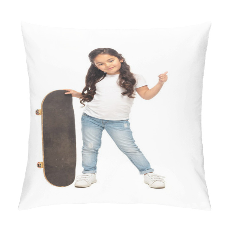 Personality  Cute Latin Kid Showing Thumb Up While Holding Penny Board Isolated On White  Pillow Covers