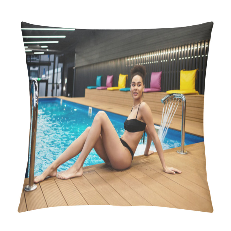 Personality  Beautiful Young Woman Rests By The Sparkling Pool, Embracing Relaxation And Tranquility. Pillow Covers