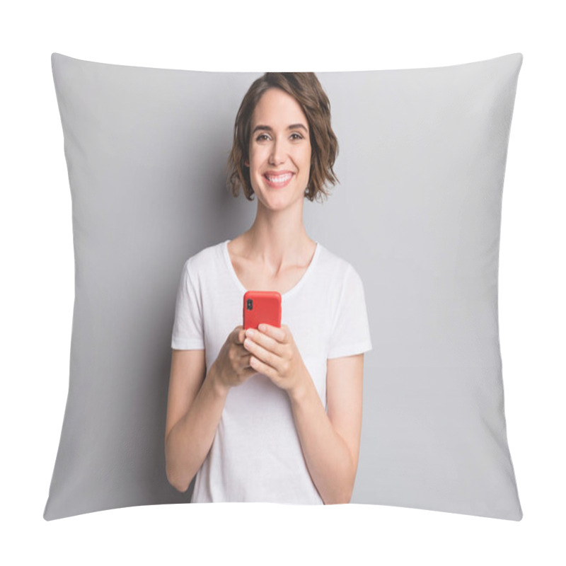 Personality  Photo Of Young Attractive Girl Happy Smile Hold Cellphone Mobile Chat Type Isolated Over Grey Color Background Pillow Covers