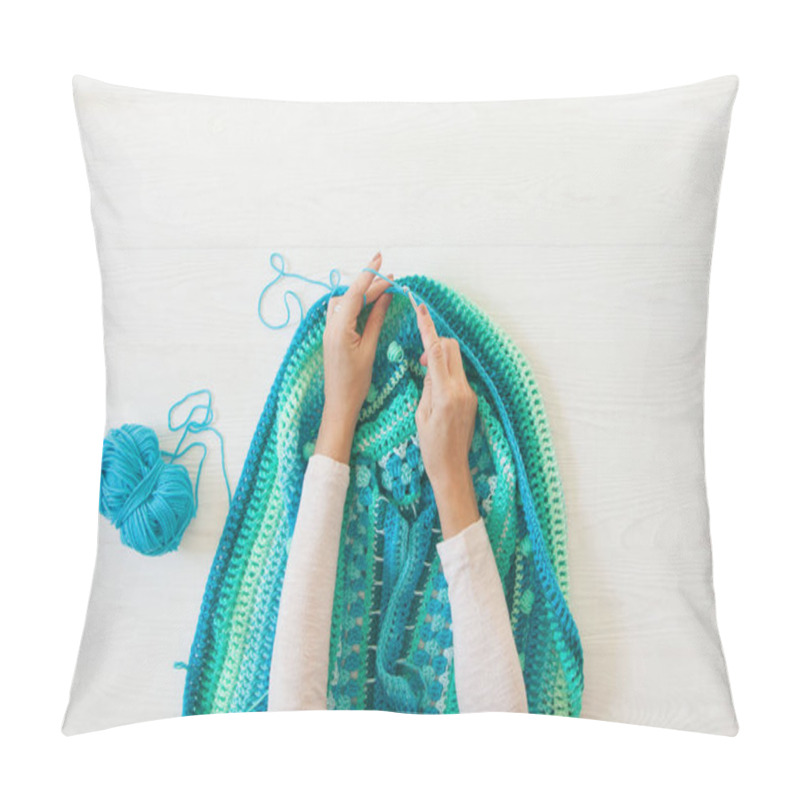 Personality  Women's Hands Are Large. Woman Crochets. Yarn Of Green, Turquois Pillow Covers