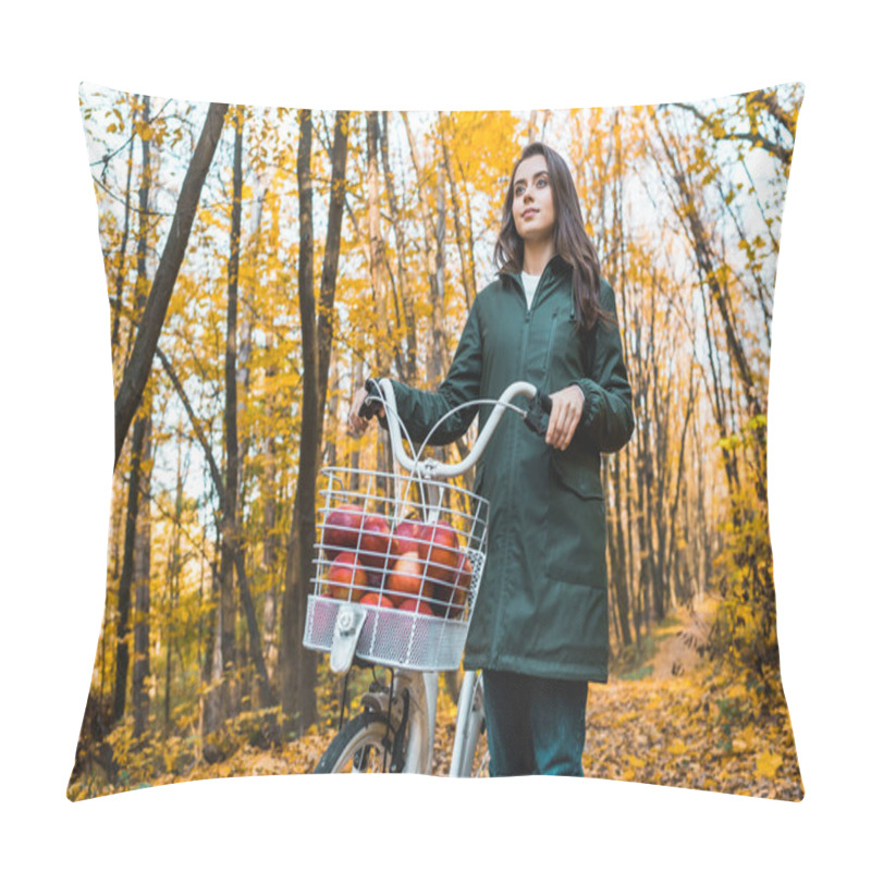 Personality  Low Angle View Of Young Woman Carrying Bicycle With Basket Full Of Apples In Yellow Autumnal Forest  Pillow Covers