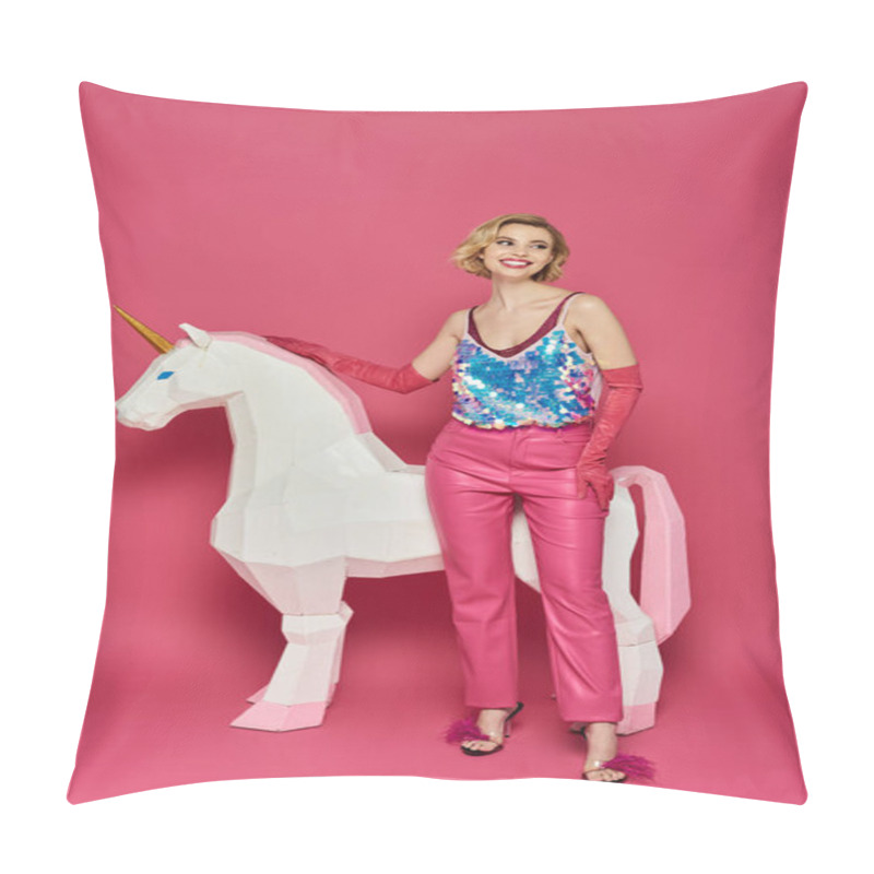 Personality  A Woman In A Sparkly Top And Pink Pants Poses With A Large Paper Unicorn Against A Pink Background. Pillow Covers