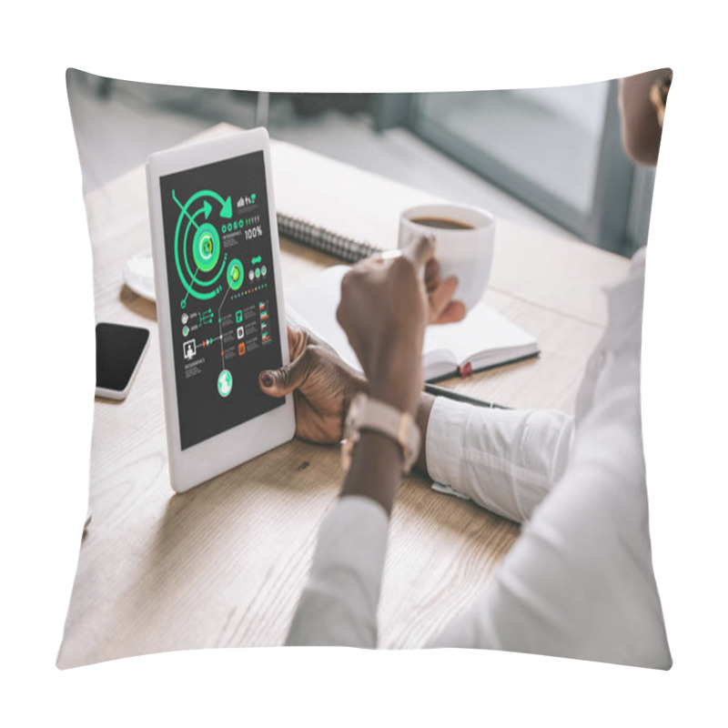 Personality  Cropped View Of African American Woman Holding Cup And Digital Tablet With Charts And Graphs On Screen Pillow Covers