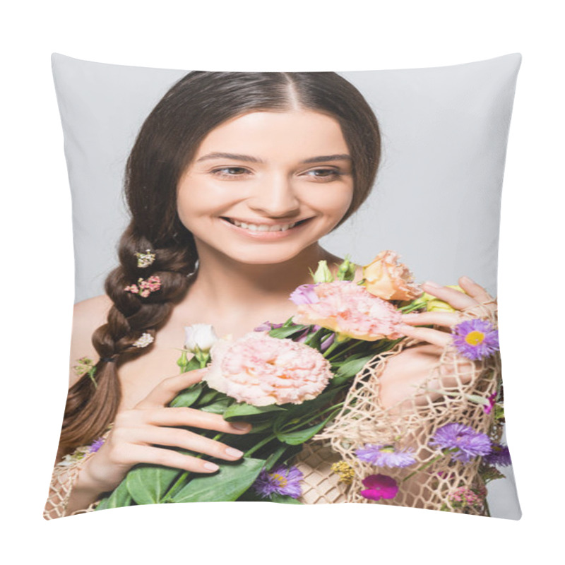 Personality  Happy Beautiful Woman With Braid In Mesh With Spring Wildflowers Isolated On Grey Pillow Covers