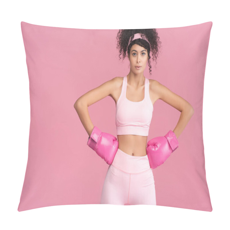 Personality  Curly Young Woman In Sportswear And Boxing Gloves Standing With Hands On Hips Isolated On Pink  Pillow Covers