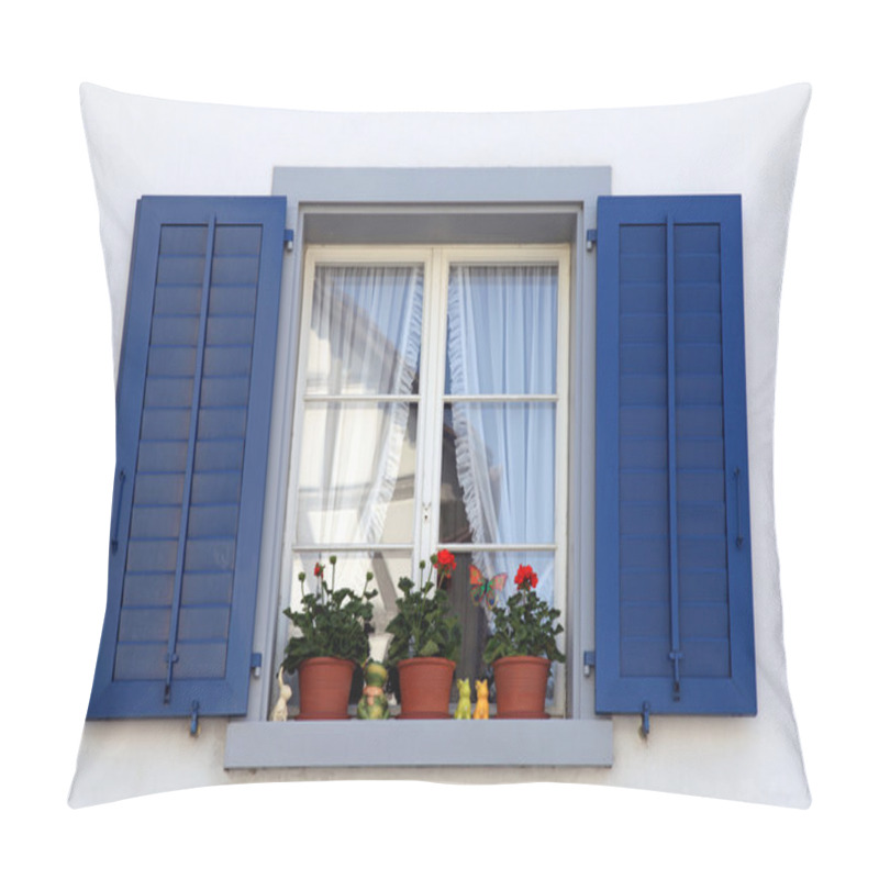 Personality  Window With Blue Shutters And Flower Pots, Switzerland. Pillow Covers