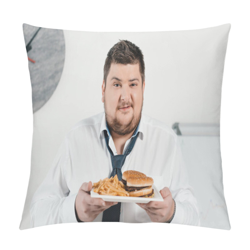 Personality  Overweight Businessman With Hamburger And French Fries In Office Pillow Covers