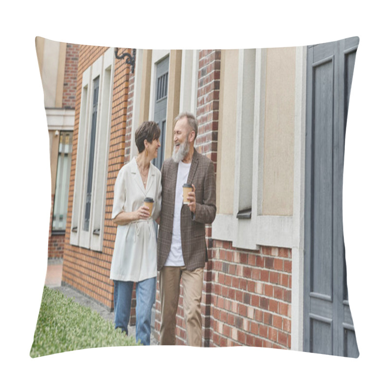 Personality  Happy Senior Couple Holding Coffee To Go, Walking Near Building, Elderly Man And Woman, Laughter Pillow Covers