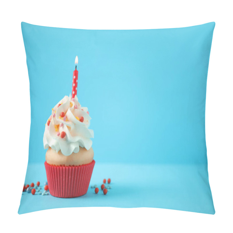 Personality  Delicious Birthday Cupcake With Candle On Light Blue Background. Pillow Covers