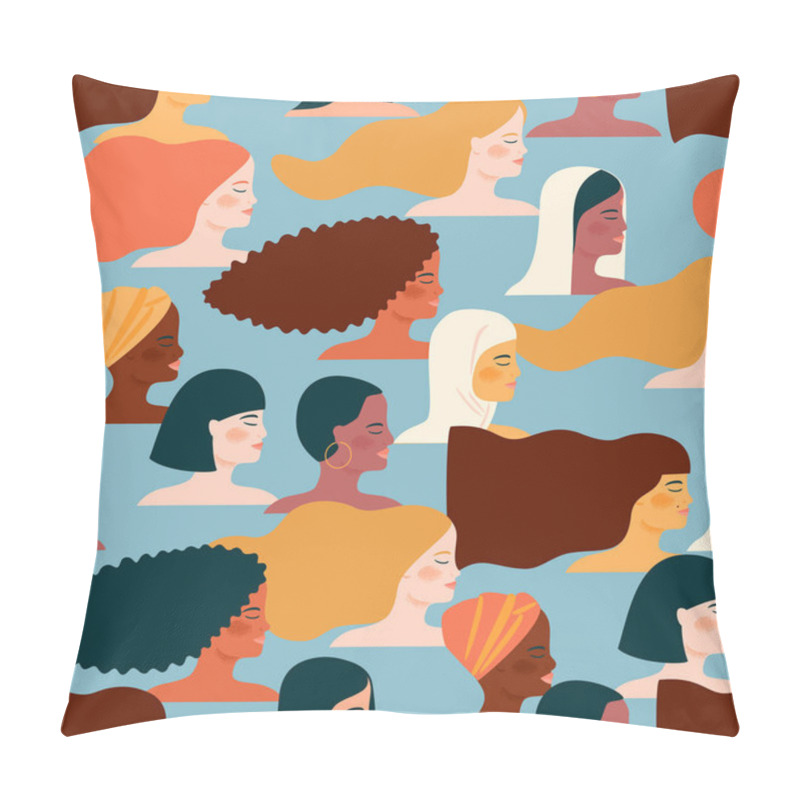 Personality  International Womens Day. Vector Seamless Pattern With With Women Different Nationalities And Cultures. Struggle For Freedom, Independence, Equality. Pillow Covers