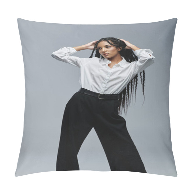 Personality  A Young Woman With Long Braids Poses With Her Hands Behind Her Head, Wearing A White Shirt And Black Trousers. Pillow Covers