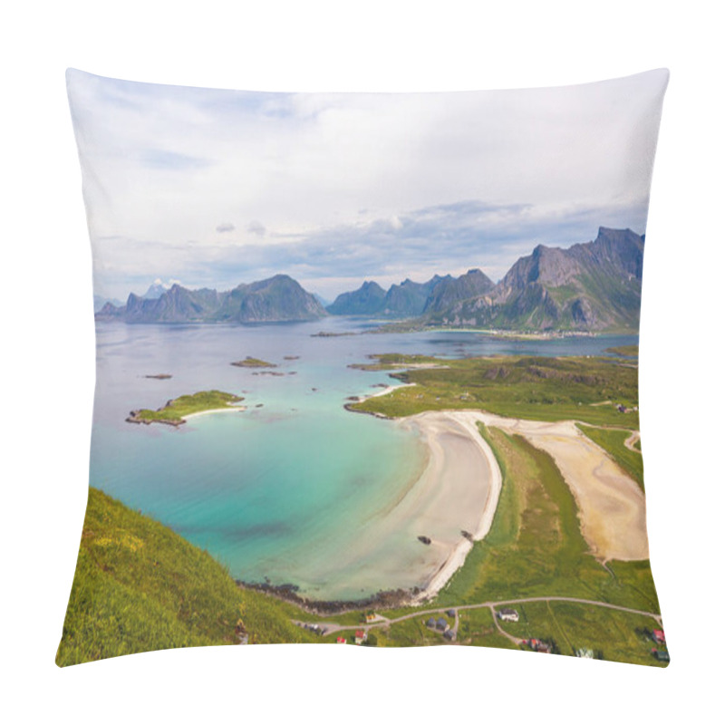 Personality  A Breathtaking View Of A Lofoten Beach Taken From A Height, With Dramatic Mountains And Turquoise Water Creating A Stunning Summer Scene. Pillow Covers