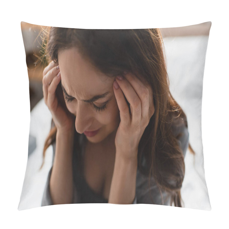 Personality  Woman Suffering From Pain And Touching Head At Home Pillow Covers