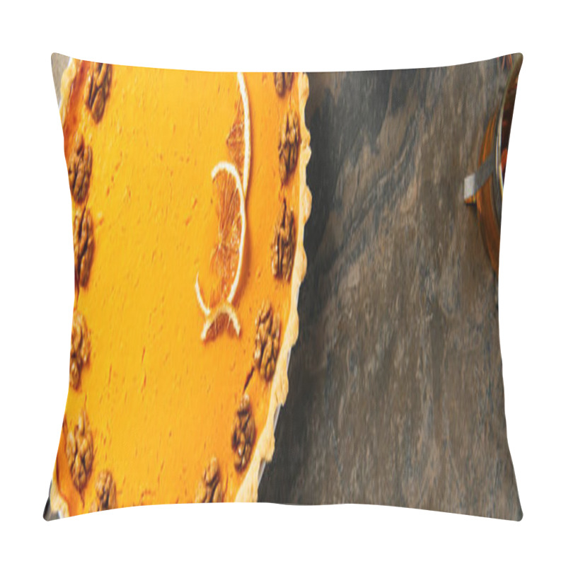 Personality  Delicious Thanksgiving Symbol, Pumpkin Pie With Walnuts And Orange Slices On Stone Backdrop, Banner Pillow Covers