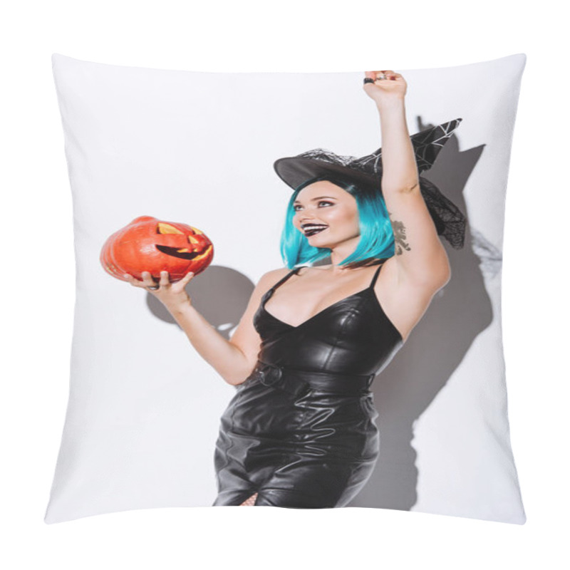 Personality  Sexy Girl In Black Witch Halloween Costume With Blue Hair Holding Spooky Carved Pumpkin On White Background Pillow Covers