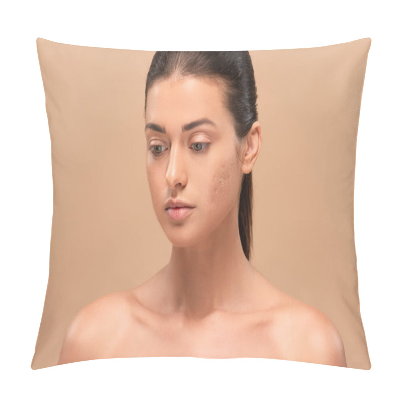 Personality  Young Naked Woman With Problem Skin Isolated On Beige  Pillow Covers