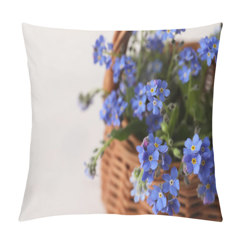 Personality  Beautiful Blue Forget-me-not Flowers In Wicker Basket On White Background, Closeup. Space For Text Pillow Covers