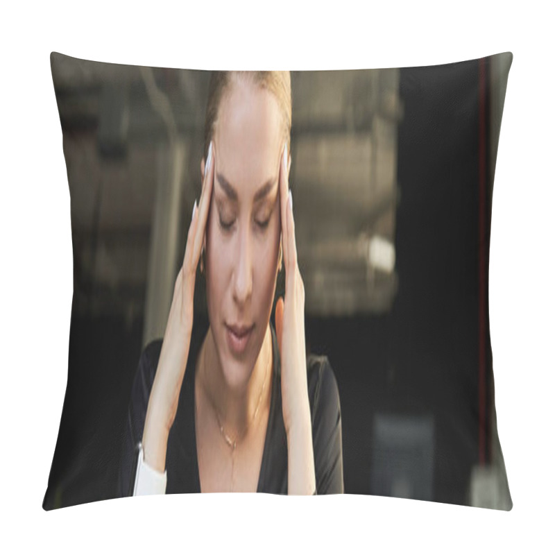 Personality  A Young Plus Size Woman In A Modern Office Shows Signs Of Stress While Working. Pillow Covers