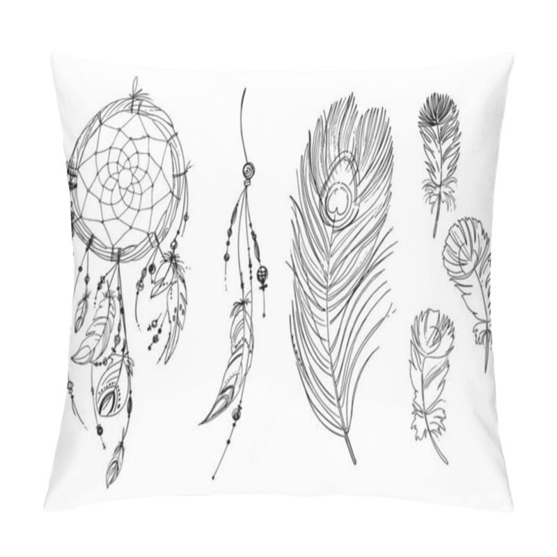 Personality  Dreamcatcher Hippie Decoration Tattoo Vector Line. Boho Style, Beads And Feathers. Pillow Covers