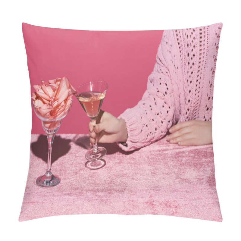 Personality  Cropped View Of Woman Holding Glass Of Rose Wine Near Glass With Rose Petals On Velour Cloth Isolated On Pink, Girlish Concept  Pillow Covers