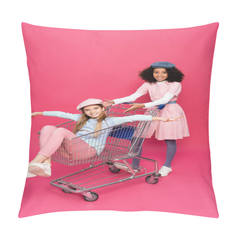 Personality  Trendy African American Girl Pointing At Happy Friend Having Fun In Shopping Cart On Pink Pillow Covers