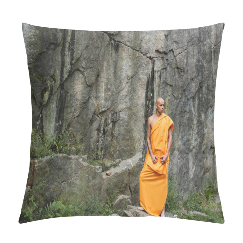 Personality  Full Length View Of Barefoot Buddhist In Orange Robe Standing Near Rock Pillow Covers