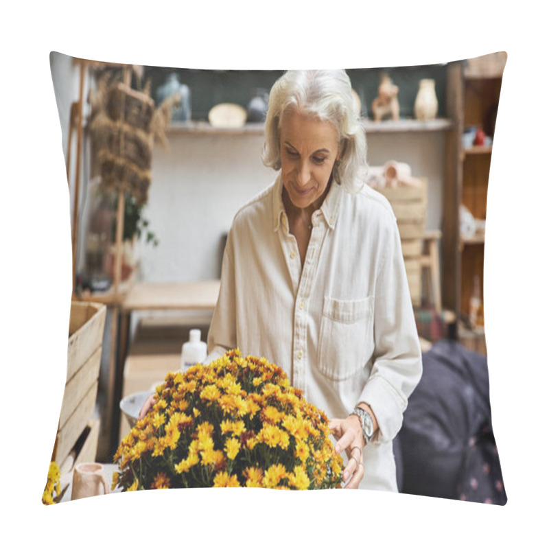 Personality  A Beautiful Mature Woman Carefully Arranges Bright Flowers In A Cozy Artisan Workshop. Pillow Covers