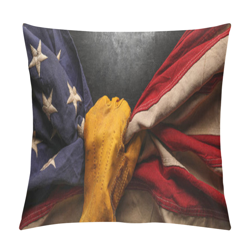 Personality  Worn Work Glove Holding Old US American Flag. Made In USA, American Workforce, Blue Collar Worker, Or Labor Day Concept. Pillow Covers