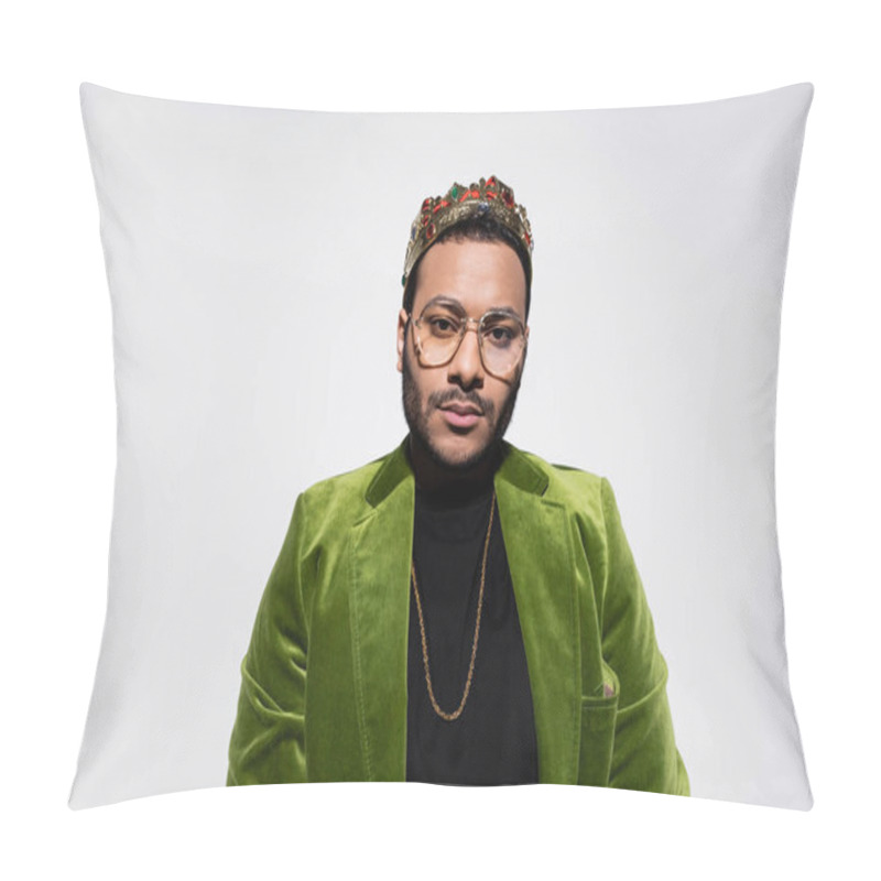 Personality  Eastern Hip Hop Performer In Green Velvet Blazer And Crown Isolated On Grey Pillow Covers