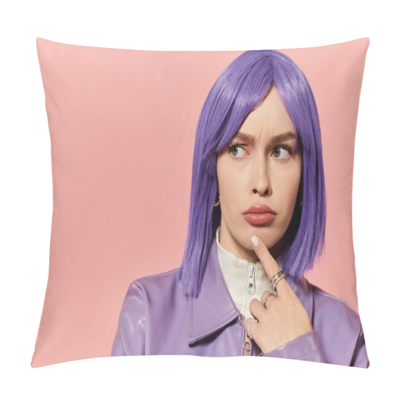 Personality  A Stylish Woman With Purple Hair Poses Thoughtfully Against A Pink Backdrop. Pillow Covers