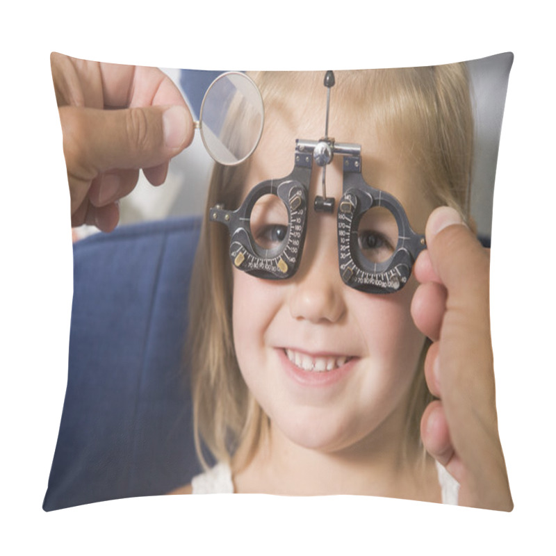 Personality  Optometrist In Exam Room With Young Girl In Chair Smiling Pillow Covers