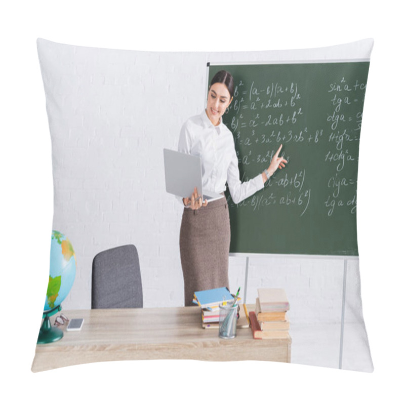 Personality  Smiling Teacher Pointing At Mathematic Equation During Video Call On Laptop In Classroom  Pillow Covers