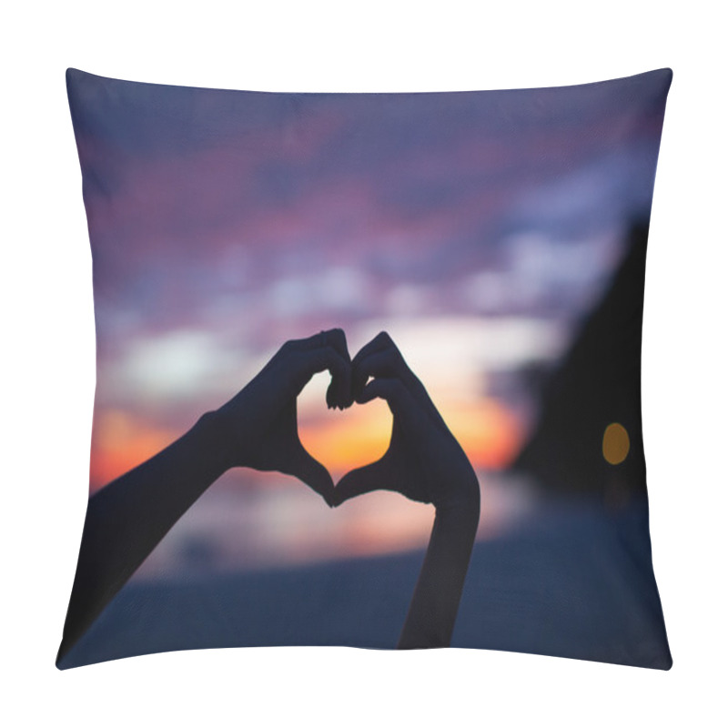 Personality  Silhouette Hand In Heart Shape With Sunset In The Middle And Beach Background Pillow Covers