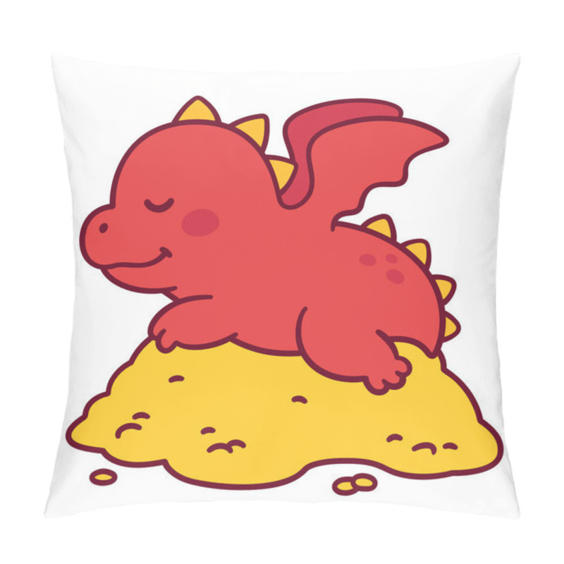 Personality  Cute Cartoon Baby Dragon Sleeping On Golden Treasure. Funny Fairy Tale Dragon Character Drawing. Pillow Covers