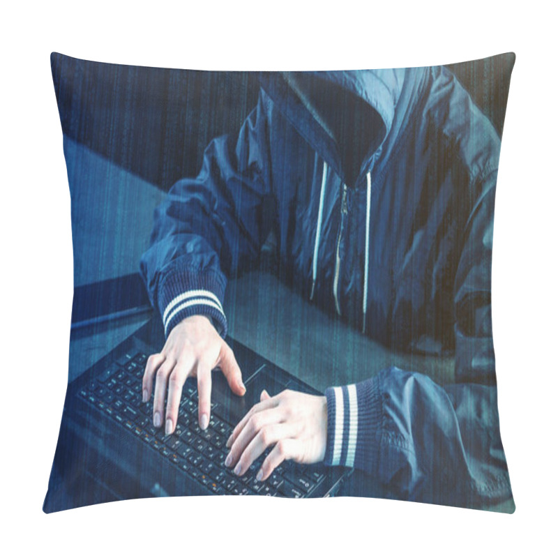 Personality  Anonymous Hacker Programmer Uses A Laptop To Hack The System. Stealing Personal Data. Creation And Infection Of Malicious Virus. The Concept Of Cyber Crime And Hacking Electronic Devices Pillow Covers