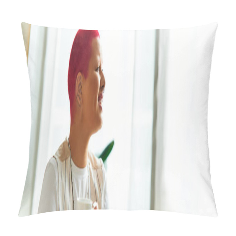 Personality  The Young Woman Smiles Brightly While Sipping Coffee, Surrounded By Natural Light At Home. Pillow Covers