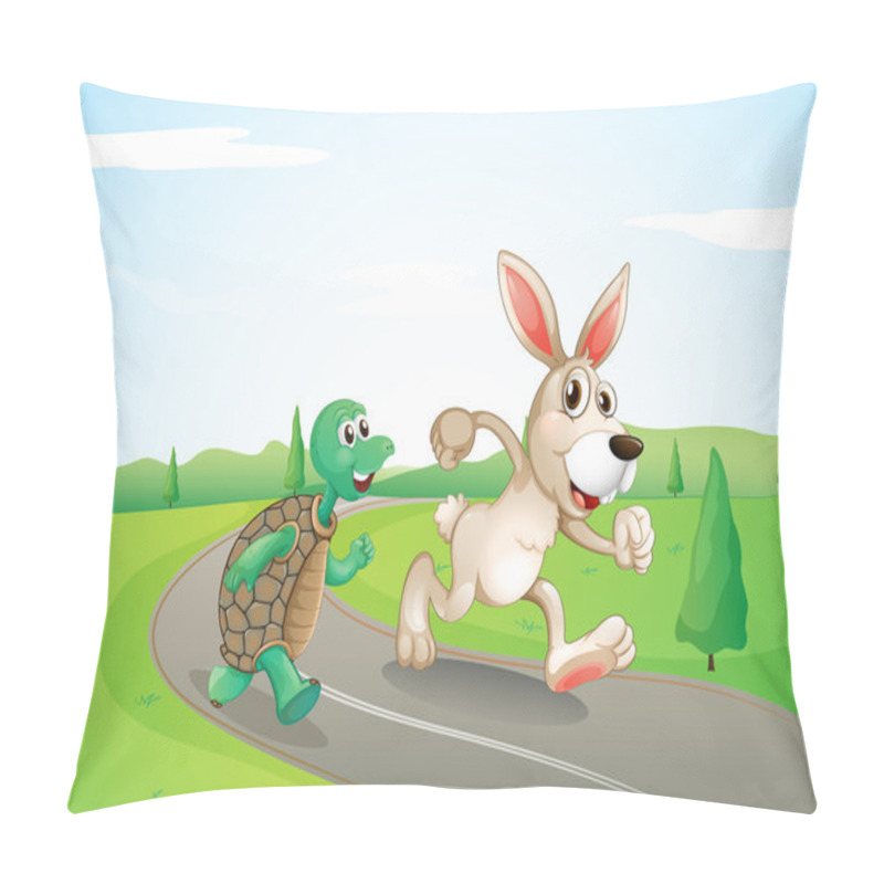 Personality  A Bunny And A Turtle Running Along The Road Pillow Covers