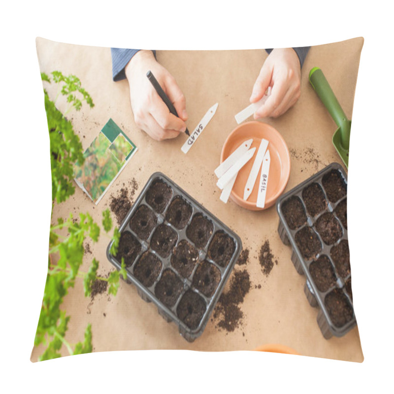 Personality  Gardening, Planting At Home. Man Sowing Seeds In Germination Box Pillow Covers