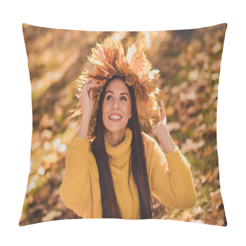 Personality  Autumn September Atmosphere Concept. Pretty Charming Girl Have Forest Woodland Nature Relax Enjoy Warm Hot Sunlight Sunshine Wear Knitted Sweater Pullover Wreath Maple Leaves Pillow Covers