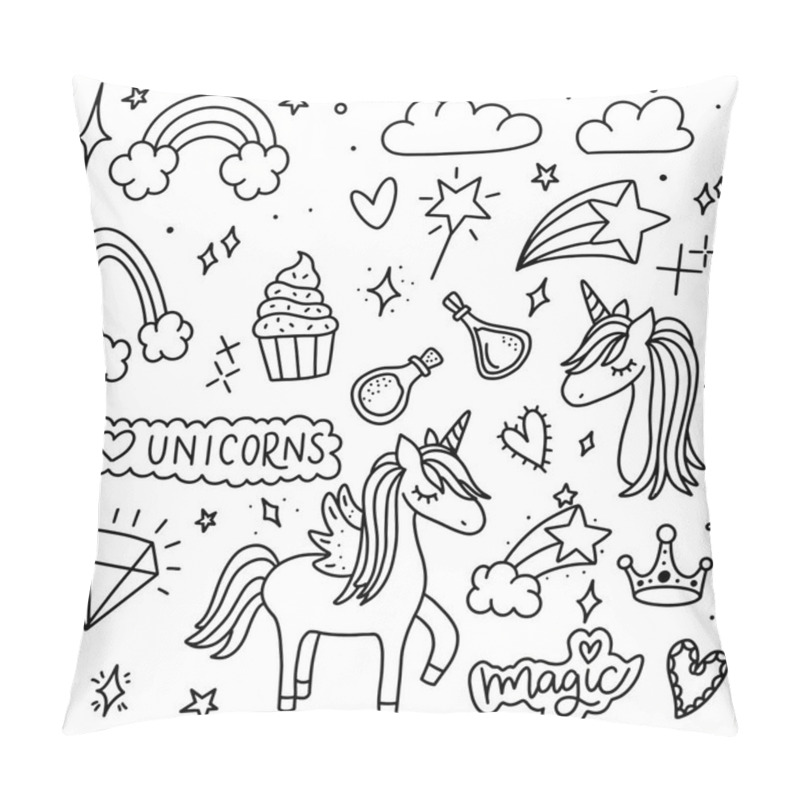 Personality  Unicorn And Magic Doodles. Cute Unicorn And Pony Collection With Magic Items. Hand Drawn Line Style. Vector Doodles Illustrations.  Pillow Covers